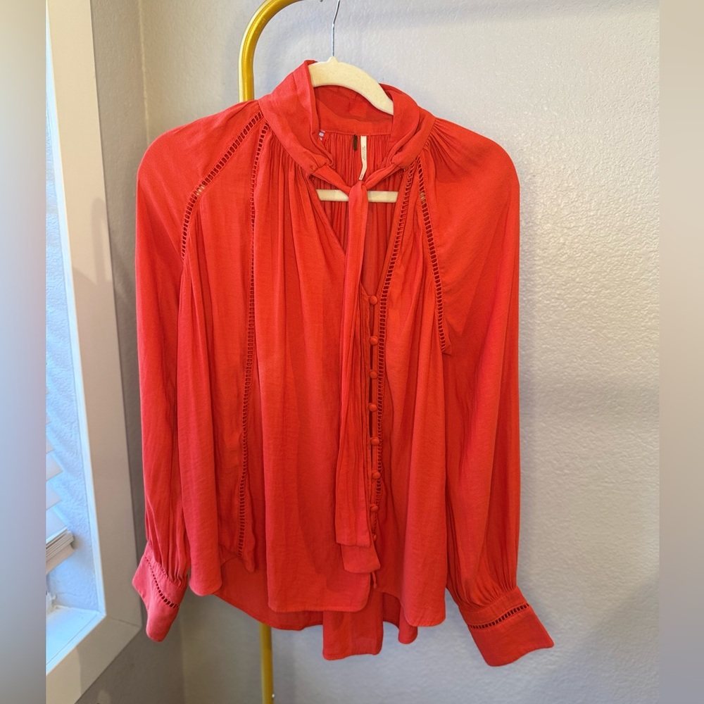 Free People Orange Tie Neck Blouse XS Boho Romantic Top